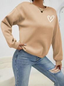 INAWLY Heart Print Drop Shoulder Sweatshirt,Long Sleeve Tops - Khaki - View 3