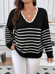 SHEIN Franclia Hơn Mẫu sọc Thả vai Áo len - Đen và trắng - Xem 5