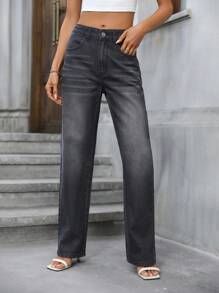 SHEIN Essnce 斜口袋直筒牛仔褲 - 深灰色 - 查看 1