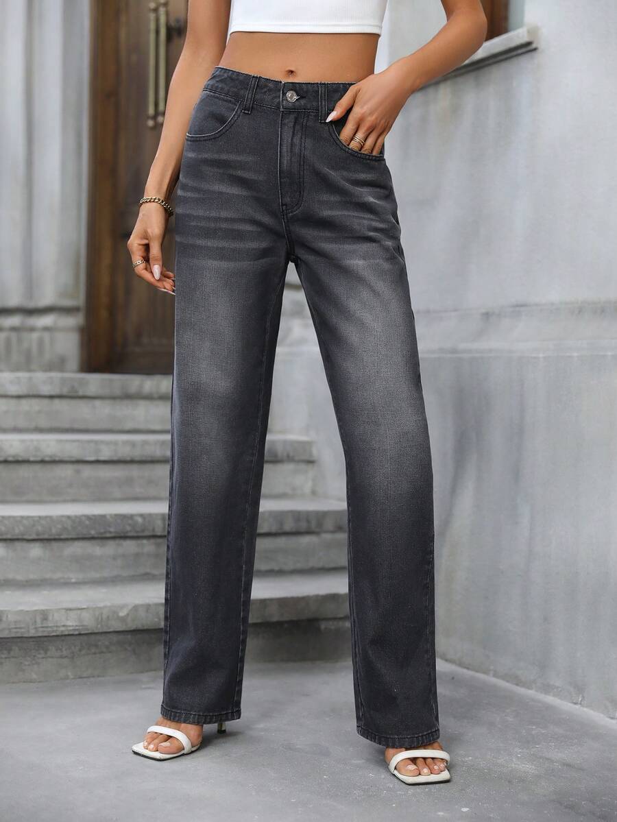 SHEIN Essnce 斜口袋直筒牛仔褲 - 深灰色 - 查看 1