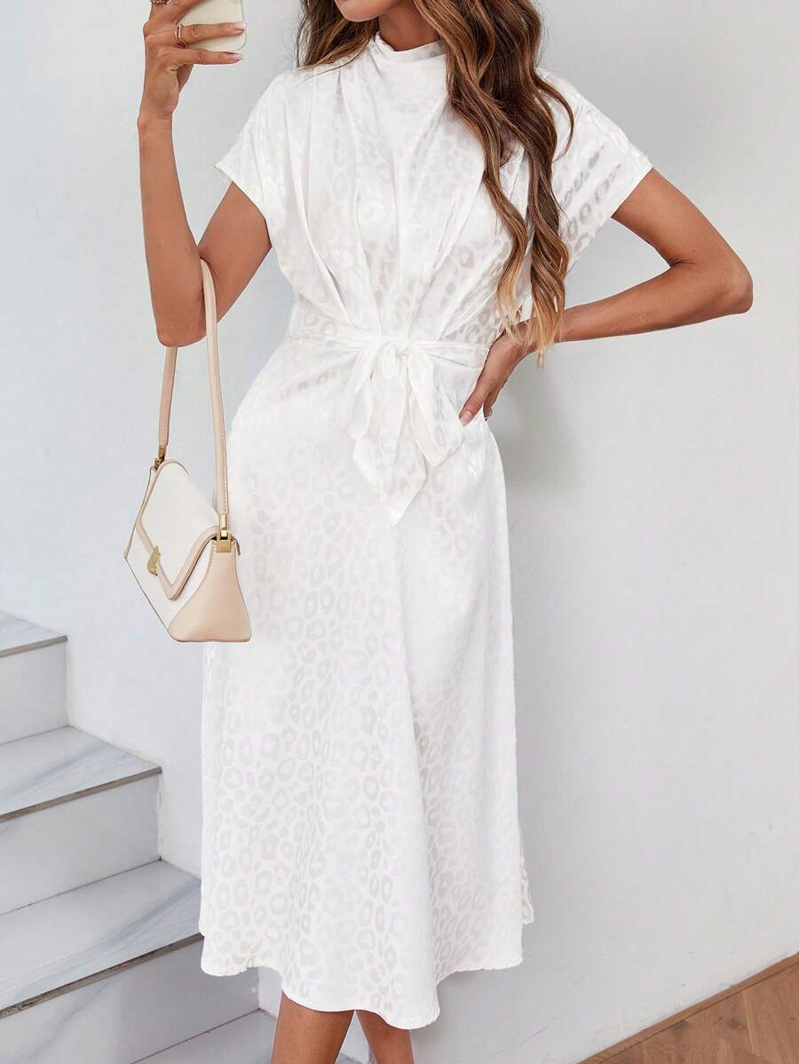 SHEIN Clasi Báo Dệt hoa tay cánh Váy có thắt lưng - Màu be - Xem 1