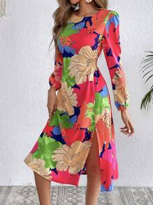 SHEIN VCAY Floral Print Split Thigh Dress - Multicolor - View 1