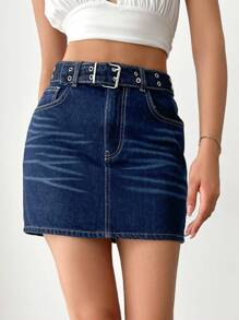 EURMUSE Solid Belted Bodycon Denim Skirt - Dark Wash - View 4
