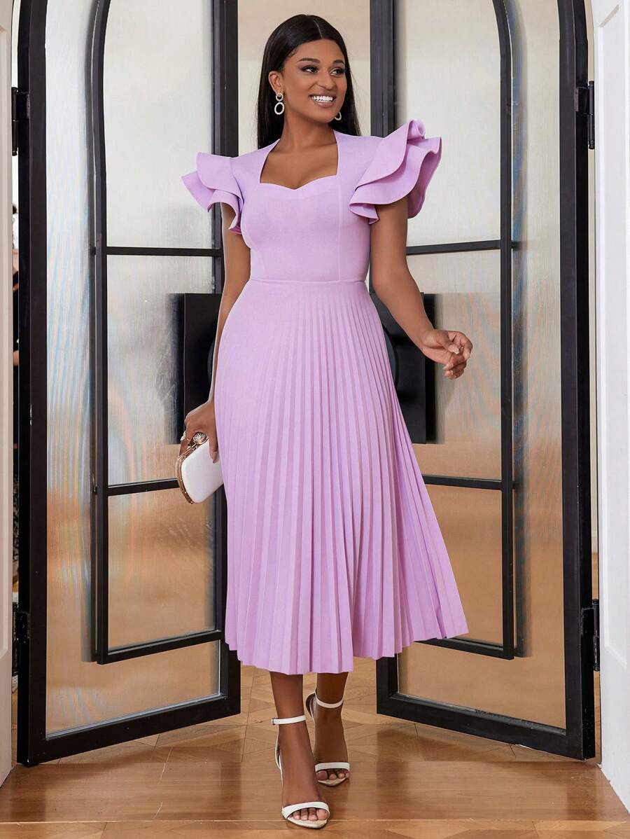 Đầm midi thanh lịch xếp ly cổ vuông tay bèo nhún màu tím nhạt cho nữ - Màu Lilac Tím - Xem 1