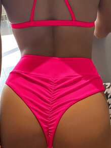 SHEIN Swim 夏季海滩褶饰高腰比基尼泳裤，度假泳装 - 玫紅色 - 查看 1