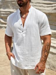 HIMLAND Camisa casual blanca de manga corta y ajuste holgado con medio botón para hombre, Old Money, Couple Things