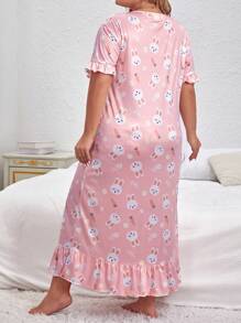 SHEIN Plus Rabbit Print Ruffle Hem Pajama Nightdress, Long Dress - Multicolor - View 2