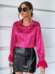 SHEIN Privé Shirt mit Blume Jacquard fusselig Manschette,