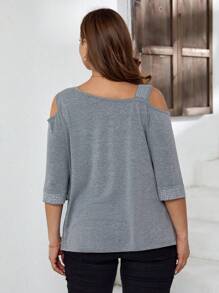 EMERY ROSE 大碼素色不對稱領肩部挖空T恤 - 灰色 - 查看 2