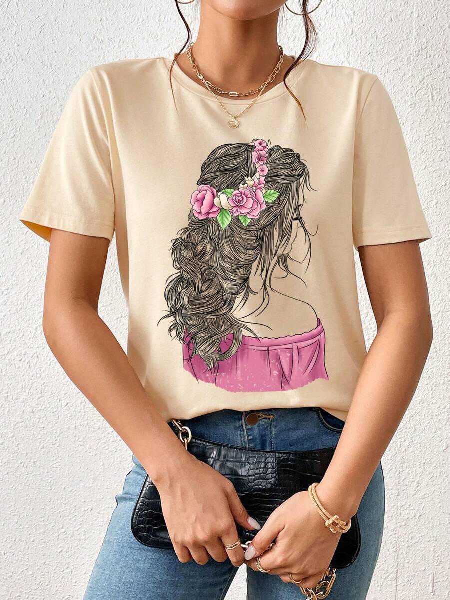 SHEIN Essnce Áo thun nữ Con số Giải trí - Màu be - Xem 1