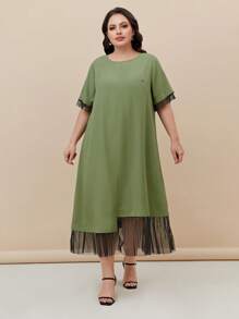 Mulvari Plus Contrast Mesh Hem Dress - Army Green - View 1