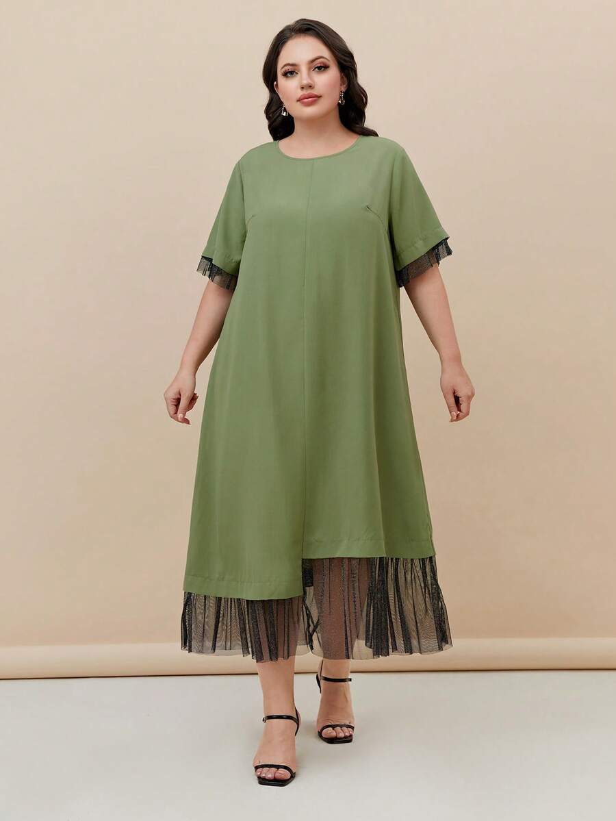 Mulvari Plus Contrast Mesh Hem Dress - Army Green - View 1