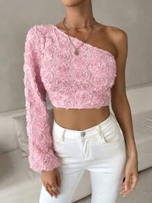 SHEIN Privé One Shoulder Lantern Sleeve Crop Blouse - Pink - View 7