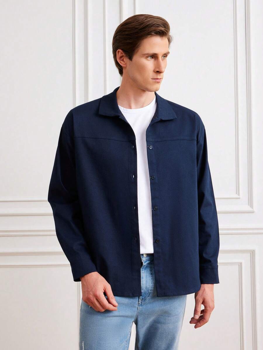 RueChic Men Solid Button Front Shacket - Navy Blue - View 1