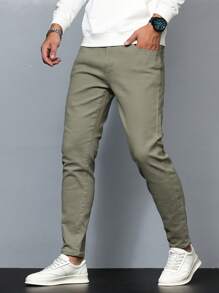 Manfinity Homme Men Solid Slant Pocket Skinny Jeans Slim Fit Long Washed Skater Jean Cargo Plain Olive Green Work Business Casual Husband - Olive Green - View 5