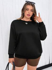 Flirla 大碼雙色翅膀印花落肩袖運動衫 - 黑色 - 查看 2