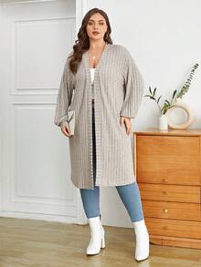 SHEIN Essnce Plus Drop Shoulder Open Front Coat - Khaki - View 4