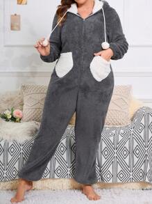 可愛口袋 拉鍊撞色大碼睡衣連體褲 - 灰色 - 查看 4