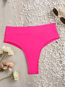 SHEIN Swim 夏季海滩褶饰高腰比基尼泳裤，度假泳装 - 玫紅色 - 查看 6