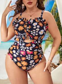 SHEIN Swim Curve Summer Plus Size Floral Print Cut Out Frill Trim Ruched One Piece Swimsuit - Multicolor - View 1
