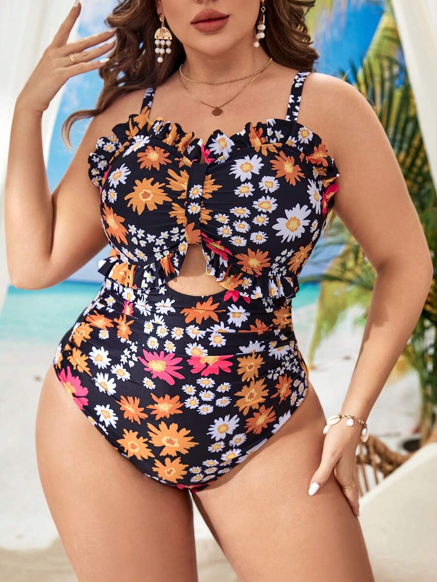 SHEIN Swim Curve Summer Plus Size Floral Print Cut Out Frill Trim Ruched One Piece Swimsuit - Multicolor - View 1