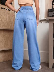 SHEIN EZwear Cao eo quần ống rộng Quần jean - Rửa nhẹ - Xem 2