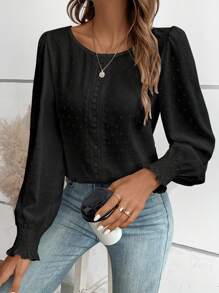 SHEIN LUNE Chấm Swiss Chèn ren Guipure Tay áo lồng đèn Áo sơ mi - màu đen - Xem 1