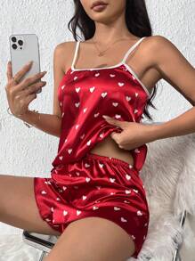 Heart Print Contrast Binding Satin PJ Set / Pajama Set - Red - View 6