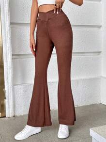 SHEIN Essnce Pantalones acampanados unicolor - Café integral - Ver 3