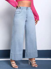 SHEIN Essnce Hơn Cao eo quần ống rộng Quần jean - Màu xanh lam - Xem 1