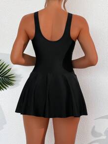 Summer Beach Ruffle Hem Ruched One Piece Swimsuit - Black - View 2