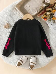 SHEIN Young Girl Skeleton Pattern Drop Shoulder Sweater - Black - View 2