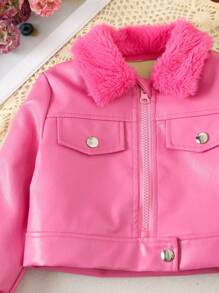 SHEIN Young Girl Teddy Panel Zip Up PU Jacket - Pink - View 3