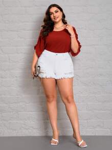 SHEIN Essnce Plus Ripped Raw Hem Denim Shorts - White - View 5