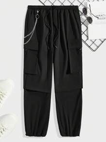 Manfinity RebelGame 男士側翻蓋口袋腰部抽繩工裝褲帶鏈子 - 黑色 - 查看 1