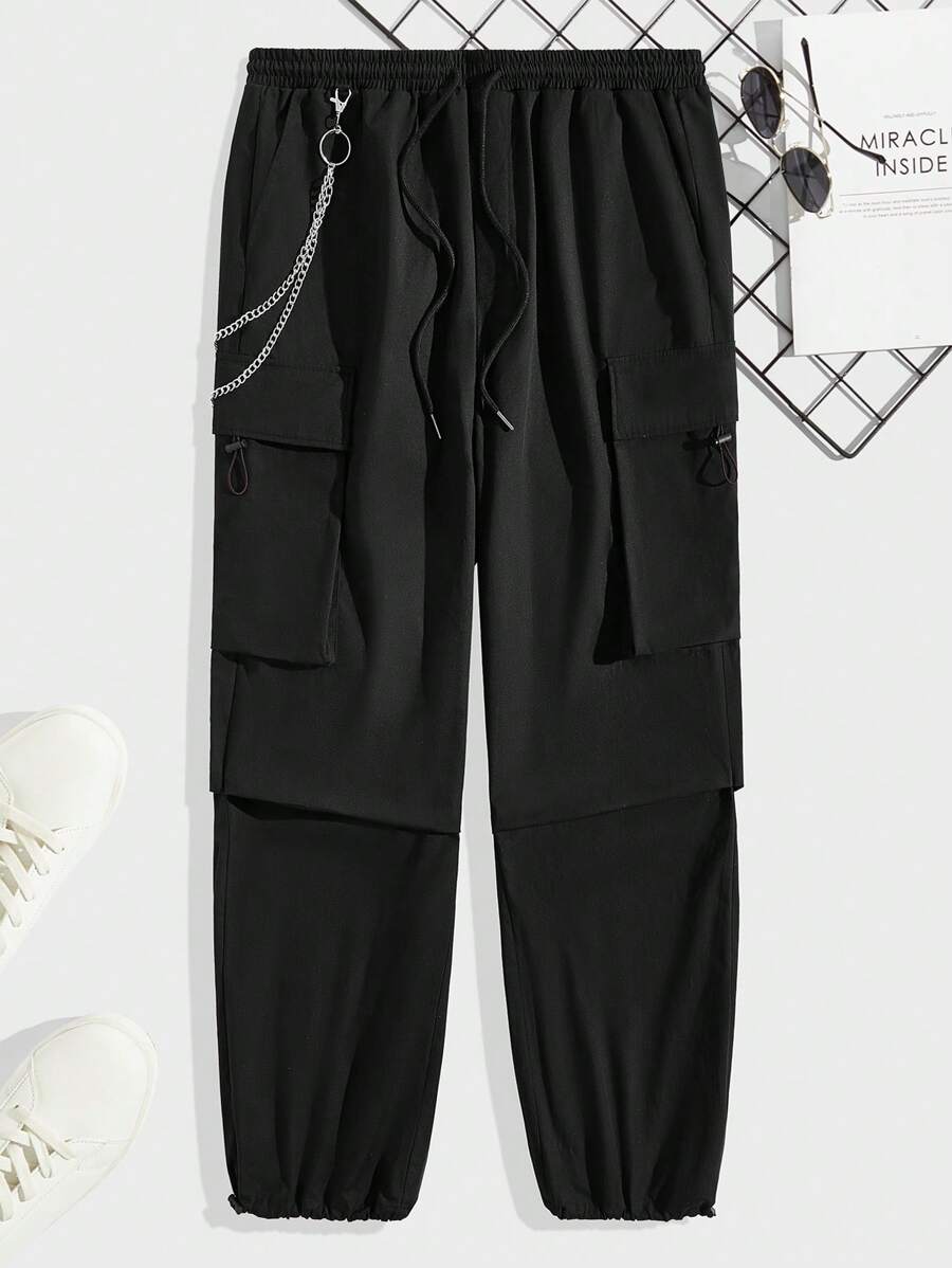 Manfinity RebelGame 男士側翻蓋口袋腰部抽繩工裝褲帶鏈子 - 黑色 - 查看 1