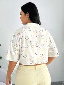 SHEIN EZwear Plus 1pc Cartoon Face Print Drop Shoulder Crop Shirt - White - View 2