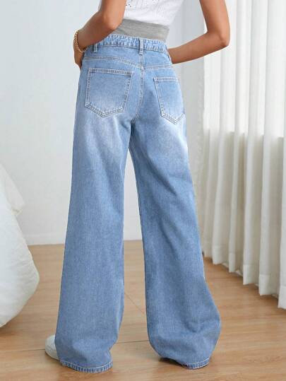 SHEIN Quần Jeans Ống Rộng Có Thể Điều Chỉnh Cho Bà Bầu