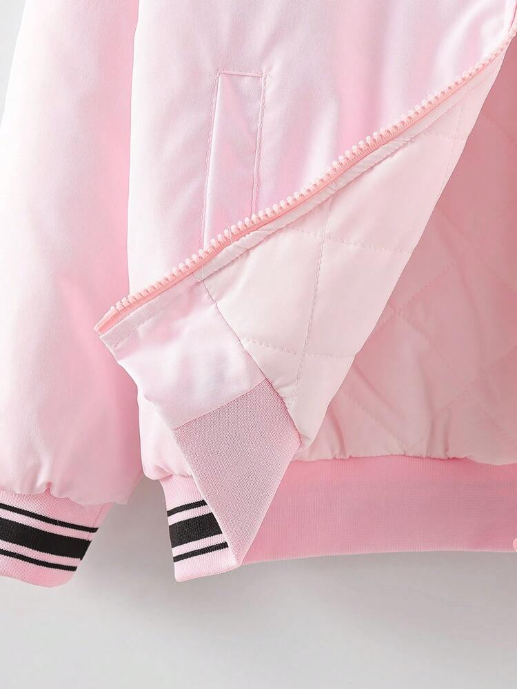 Tween Girl 1pc Letter Graphic Striped Trim Bomber Jacket