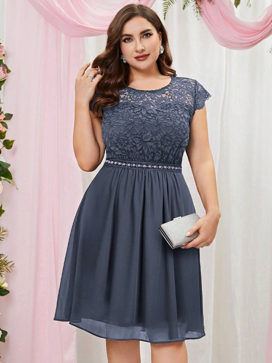 MIUSOL Hơn Chèn ren Guipure A-line Chiffon Đầm tiệc rượu - Xám - Xem 1