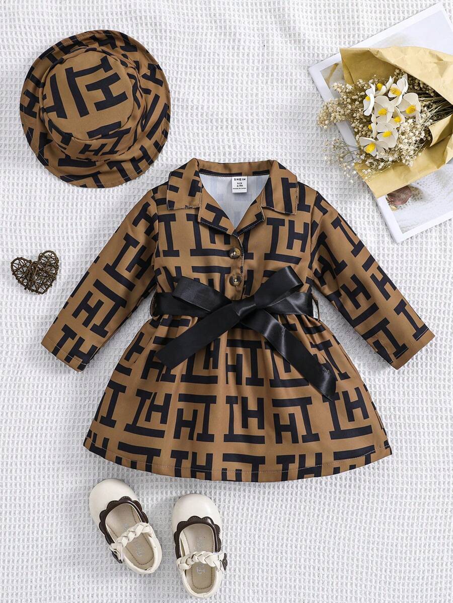 SHEIN Playful Pals 女嬰滿版印花腰帶襯衫洋裝&帽 - 咖啡棕 - 查看 1