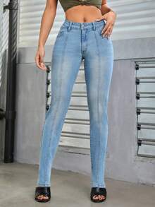 SHEIN Essnce Slant Pocket Skinny Jeans - Light Wash - View 3
