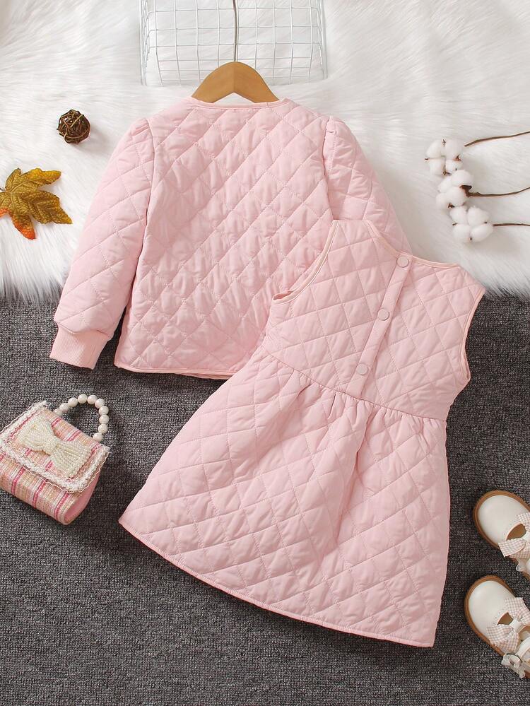 Young Girl Solid Button Front Quilted Dress & Solid Jacket