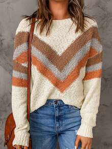 Chevron Pattern Drop Shoulder Sweater - Beige - View 6