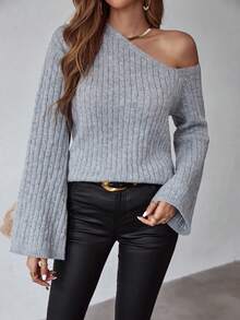 SHEIN LUNE Chất rắn Cổ không đối xứng Thả vai Áo len - Xám - Xem 4