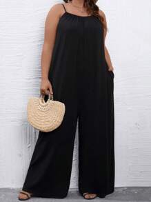 SHEIN CURVE+ 休閒口袋純色加大碼連身褲 - 黑色 - 查看 1