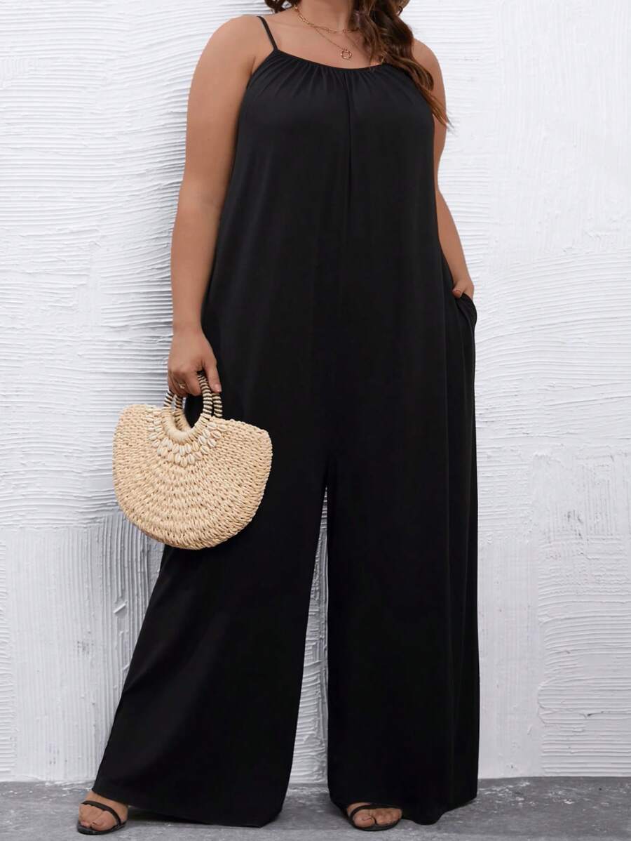 SHEIN CURVE+ 休閒口袋純色加大碼連身褲 - 黑色 - 查看 1