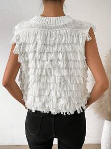 SHEIN Unity Solid Fringe Trim Sweater Vest - White - View 2