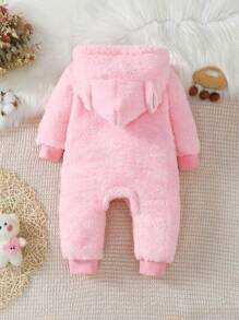 女嬰兔子刺繡3D耳朵設計連帽絨毛連身褲 - 粉色 - 查看 2