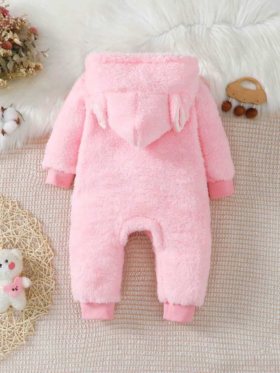 Baby Girl Rabbit Embroidery 3D Ear Design Hooded Teddy Jumpsuit